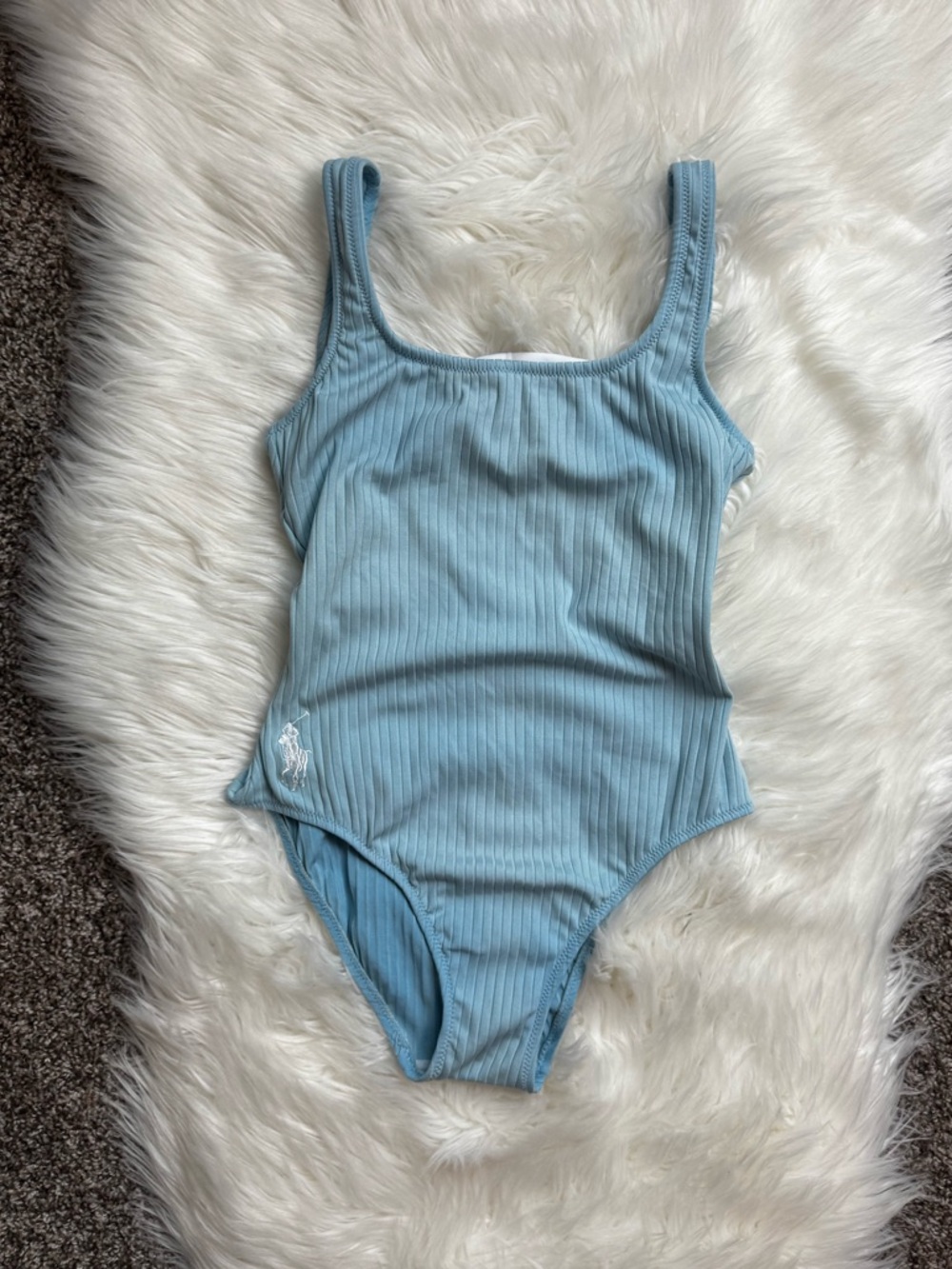 POLO RALPH LAUREN Womens Bikini Blue M CABLE KNIT Swimwear 1 Piece White Pony
